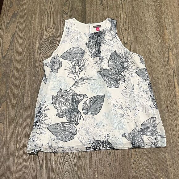 Vince Camuto White & Gray Leaf Print Crew Neck Tank Top Size PL - Picture 1 of 4